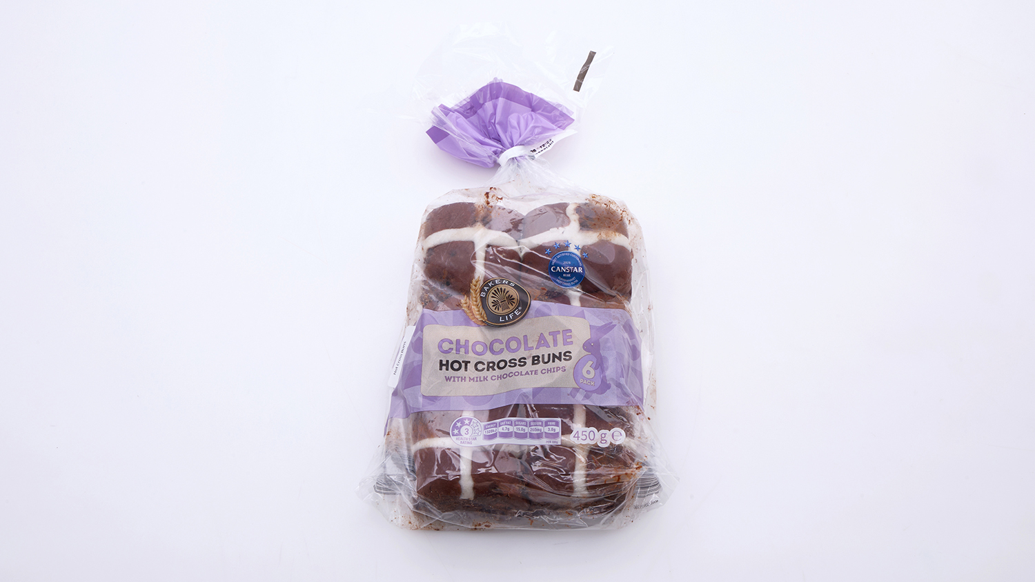 Aldi  Bakers Life Chocolate Hot Cross Buns with Milk Chocolate Chips