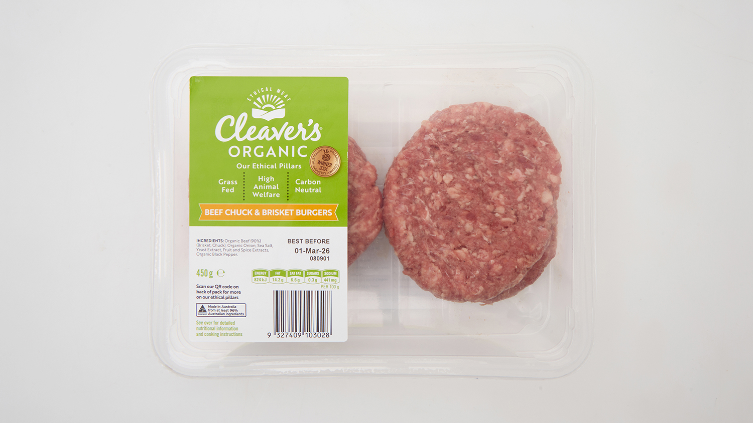Cleaver's Organic  Grass Fed Beef Chuck and Brisket Burgers