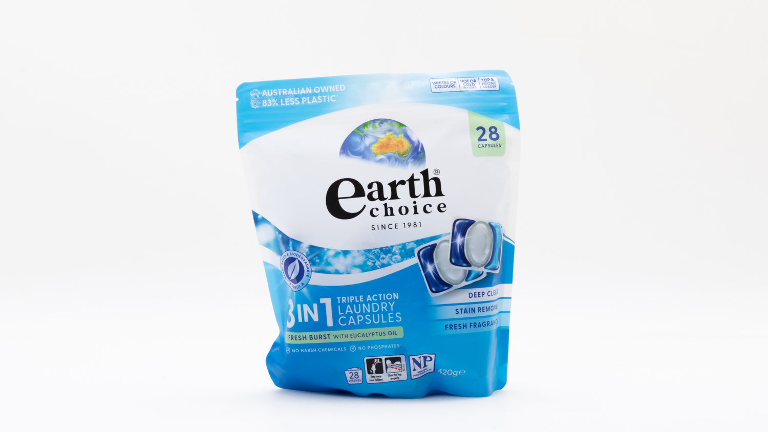 Earth Choice 3 in 1 Triple Action Laundry Capsules Fresh Burst with Eucalyptus Oil Front Loader
