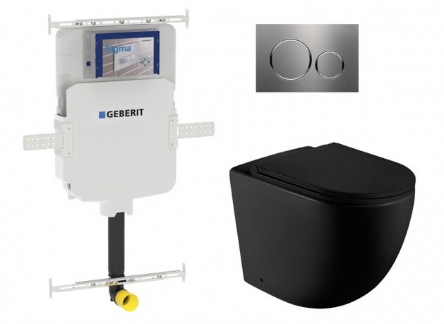Geberit Sigma8 Cistern Curved Matte Black Wall-Faced Toilet Pan with Sigma 20 Brushed Stainless Flush Plate carousel image