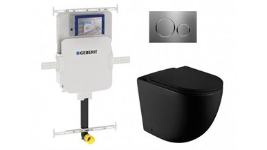 Geberit Sigma8 Cistern + Curved Matte Black Wall-Faced Toilet Pan with Sigma 20 Brushed Stainless Flush Plate