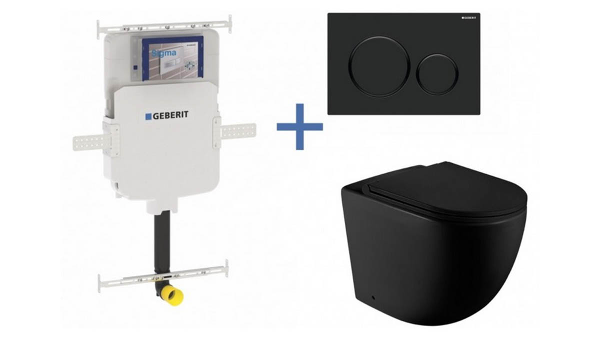 Geberit Sigma8 Cistern + Curved Matte Black Wall-Faced Toilet Pan with Sigma 20 Matte Black Flush Plate