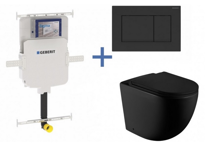 Geberit Sigma8 Cistern + Curved Matte Black WallFaced Toilet Pan with