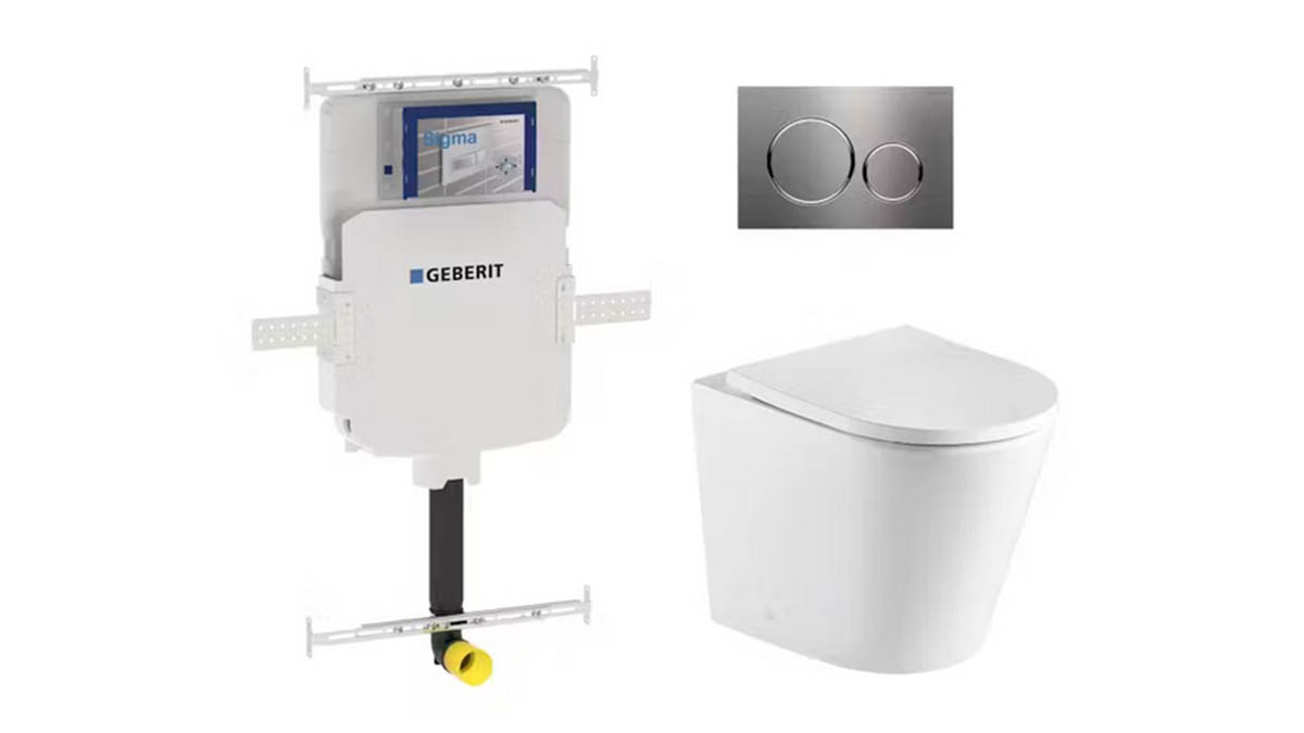 Geberit Sigma8 Cistern + Curved Matte White Wall-Faced Toilet Pan with Sigma 20 Brushed Stainless Steel Flush Plate