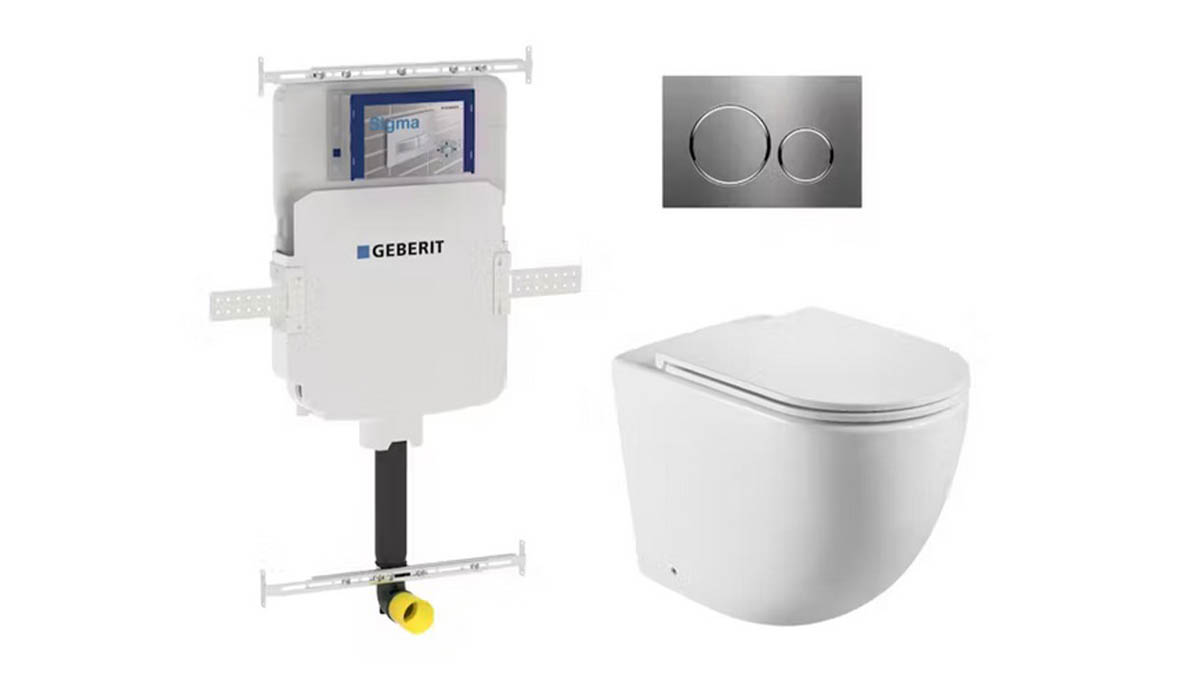 Geberit Sigma8 Cistern + Curved Matte White Wall-Faced Toilet Pan with Sigma 20 Chrome Flush Plate