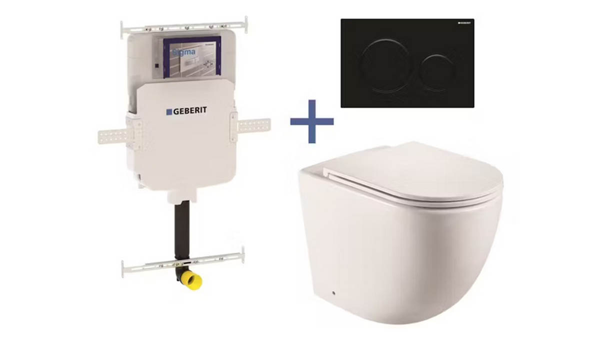 Geberit Sigma8 Cistern + Curved Wall-Faced Toilet Pan with Sigma 20 Matte Black Flush Plate