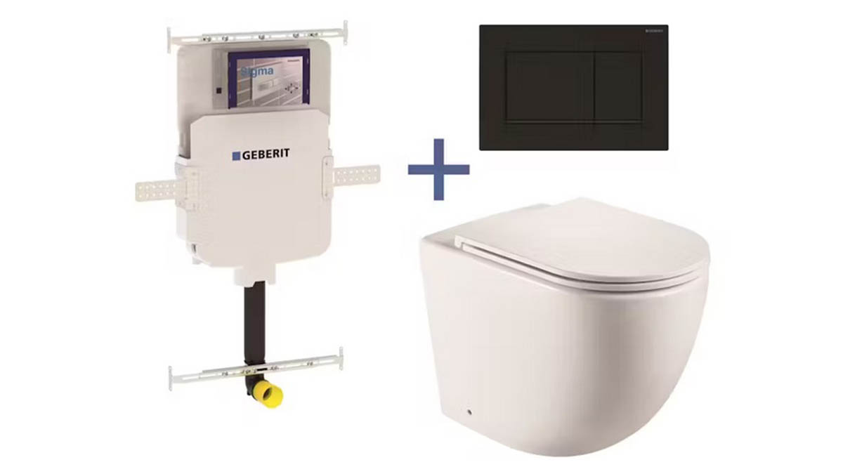 Geberit Sigma8 Cistern + Curved Wall-Faced Toilet Pan with Sigma 30 Matte Black Flush Plate