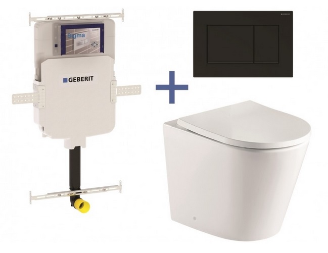 Geberit Sigma8 Cistern + Straight Wall-Faced Toilet Pan with Sigma 30 Matte Black Flush Plate carousel image