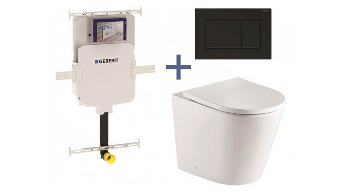 Geberit Sigma8 Cistern + Straight Wall-Faced Toilet Pan with Sigma 30 Matte Black Flush Plate