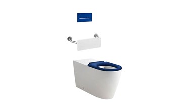 Wolfen 800 Back to Wall Rimless Inwall Toilet Suite with Single Flap Seat Blue, Backrest, Raised Height, Button & Plate Blue, Hideaway+ Inwall Cistern