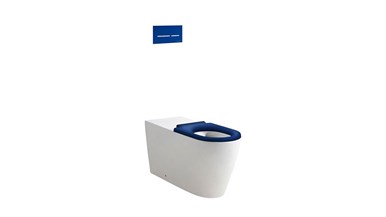 Wolfen 800 Back to Wall Rimless Inwall Toilet Suite with Single Flap Seat Blue, Raised Height Button & Plate Blue, Hideaway+ Inwall Cistern