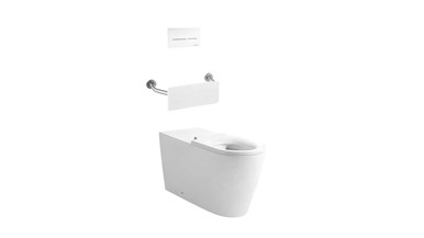 Wolfen 800 Back to Wall Rimless Inwall Toilet Suite with Single Flap Seat White, Backrest, Raised Height Button & Plate White, Hideaway+ Inwall Cistern