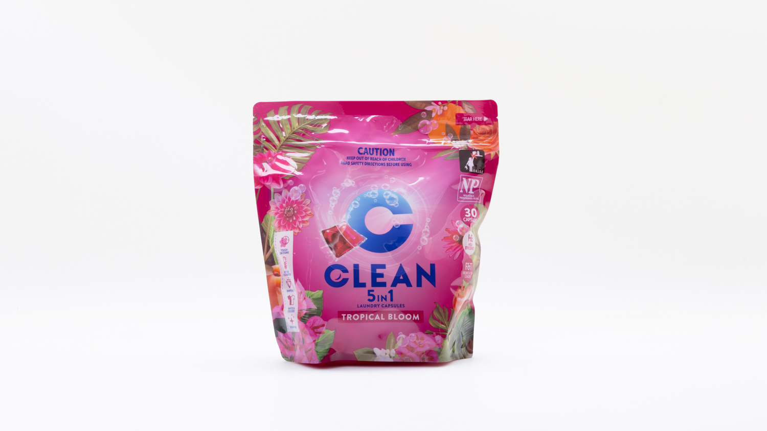 Woolworths Clean 5 in 1 Laundry Capsules Tropical Bloom Front Loader