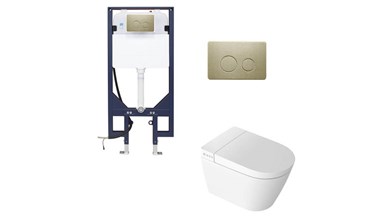 Zumi Novus Wall Hung Smart Toilet With Round Stainless Steel Brushed Gold Plate