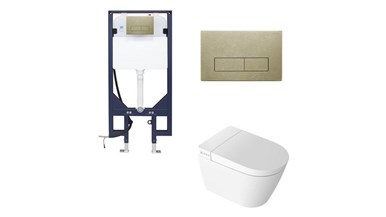 Zumi Novus Wall Hung Smart Toilet With Square Brushed Gold Flush Plate